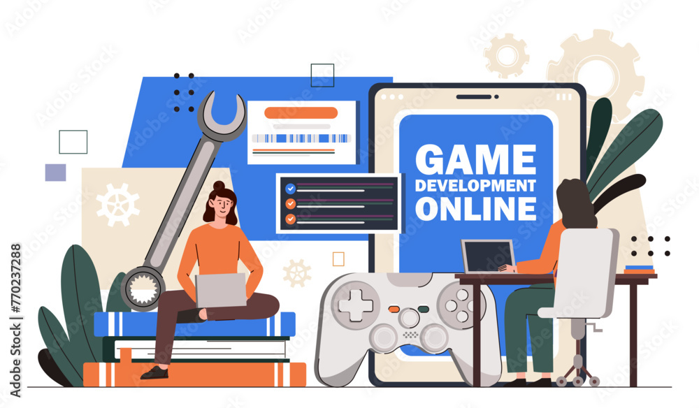 Poster game development online concept. woman with laptop and wrench. programmer and it specialist with web
