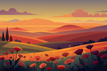 sunset over a field of poppies painting the lands vector  illustration