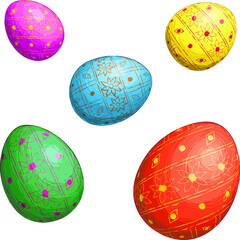 5 Easter eggs decorated with ornament. Vector illustration of colored Easter eggs decorated with pattern. Painting style. Festive treat and celebration of Easter holiday.
