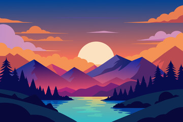 Fototapeta na wymiar sunrise- cloud glossy style colourful mountains vector illustration