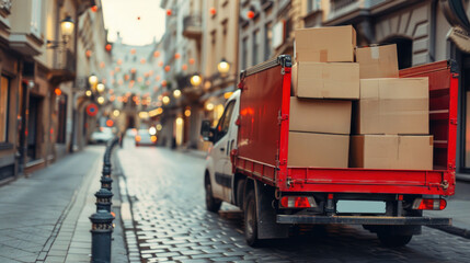 Naklejka premium A red truck is parked on a city street with a large number of boxes stacked on truck.