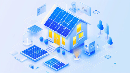 Isometric smart home with solar panels.