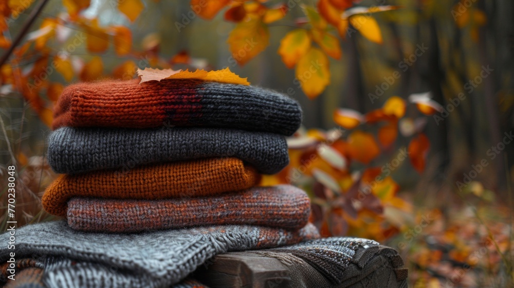 Aufkleber multiple knitted sweaters neatly folded and stacked on a wooden bench in an autumnal setting