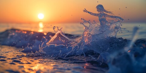 On a gentle morning in the rays of dawn on the seashore, the splash of a blue wave formed a dancing girl from the water - obrazy, fototapety, plakaty