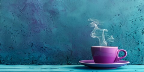 A purple coffee cup sitting on a saucer, emitting steam - obrazy, fototapety, plakaty