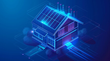 Isometric smart home with solar panels.