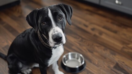 A black and white dog sitting next to a bowl of water, patiently waiting