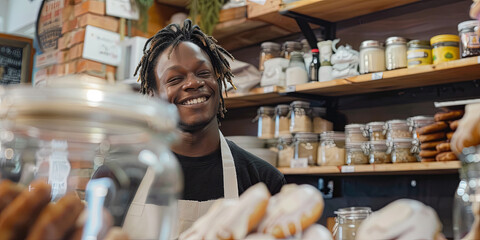 Obraz premium a man with short hair wearing an apron smiles behind the counter of his bakery, generative AI