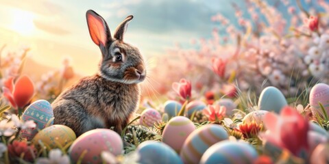 A rabbit is sitting calmly amidst a field filled with eggs
