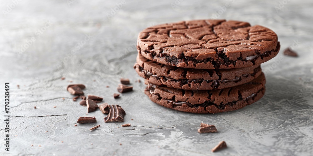 Poster a stack of chocolate cookies with dark chocolate filling neatly arranged on a table