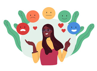 Woman chooses emotion concept. Young girl with different emojies and mood. Anger, neutral and happiness. Feelings and emotions. Cartoon flat vector illustration isolated on white background