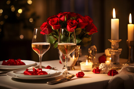 Elegant Romantic Dinner Setting: Candlelight, Sparkling Wine, and a Bouquet of Red Roses create a Perfect Evening of Love and Romance
