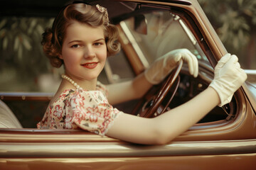A young woman in her late teens is sitting in a vintage car