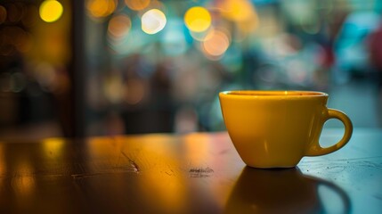 A yellow cup sits atop a simple wooden table, with a blurred background
