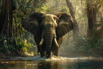 A gray elephant with large tusks wades through the river in an African jungle