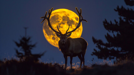 A lone stag standing in a clearing its majestic antlers silhouetted against the moonlit sky. . .