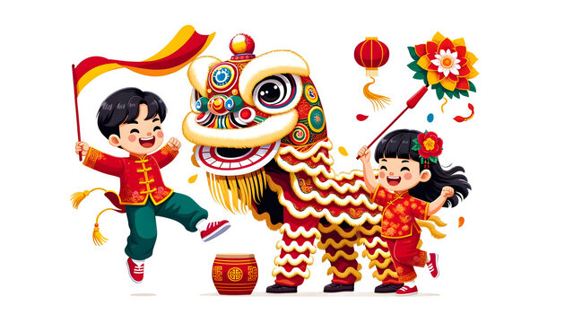 lion chinese and children in Chinese New Year concept, illustrator cartoon