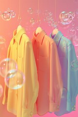 Colorful shirts on hangers surrounded by playful soap bubbles, capturing a laundry day vibe , 3D illustration