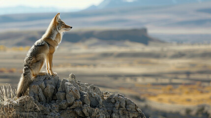 A lone coyote pauses atop a rocky outcropping surveying the vast serene landscape before him undisturbed by the hustle and bustle . . - obrazy, fototapety, plakaty
