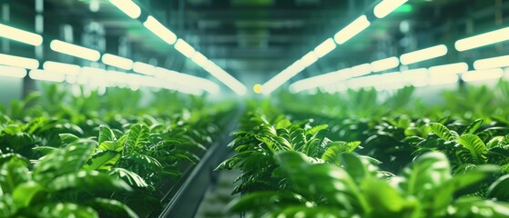 Inside a hydroponic plant factory, where leafy vegetables are cultivated in a controlled, artificial climate for optimal growth , 3D illustration - obrazy, fototapety, plakaty
