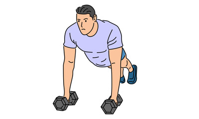line art color of man training push up with dumbbell