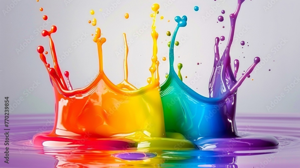 Poster A group of rainbow-colored paint splashes into soft purple water, creating a vibrant and dynamic display
