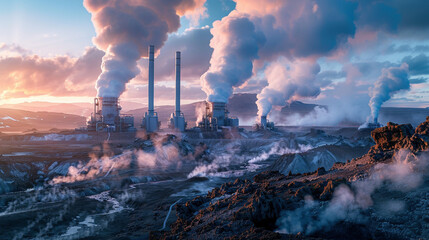 Majestic Geothermal Power Plant Landscape with Billowing Steam