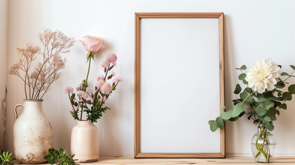 Poster frame mockup, front view, with decor elements, flowers and blank copy space on white background