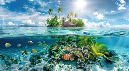 Fototapeta na wymiar Beautiful tropical island with clear blue water and fish swimming underwater.