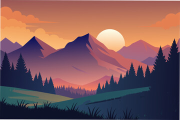 Illustration of mountain with sunset