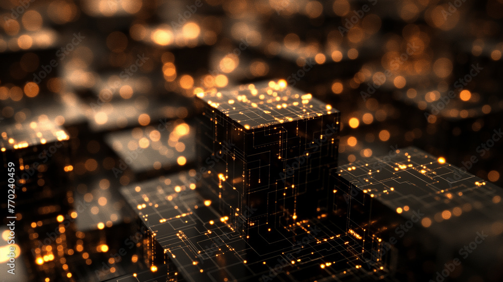 Poster abstract cyber tech background, brown glowing binary circuit lines on 3d black cube, futuristic tech