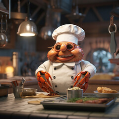 3D Cartoon A crab cooking food in a hotel