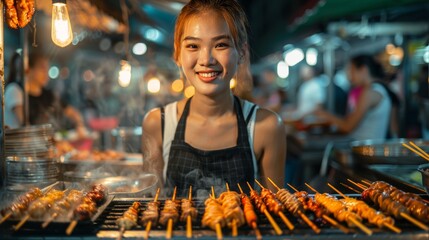 Happy Asian street foods vendor selling freshly made snacks at the street food market