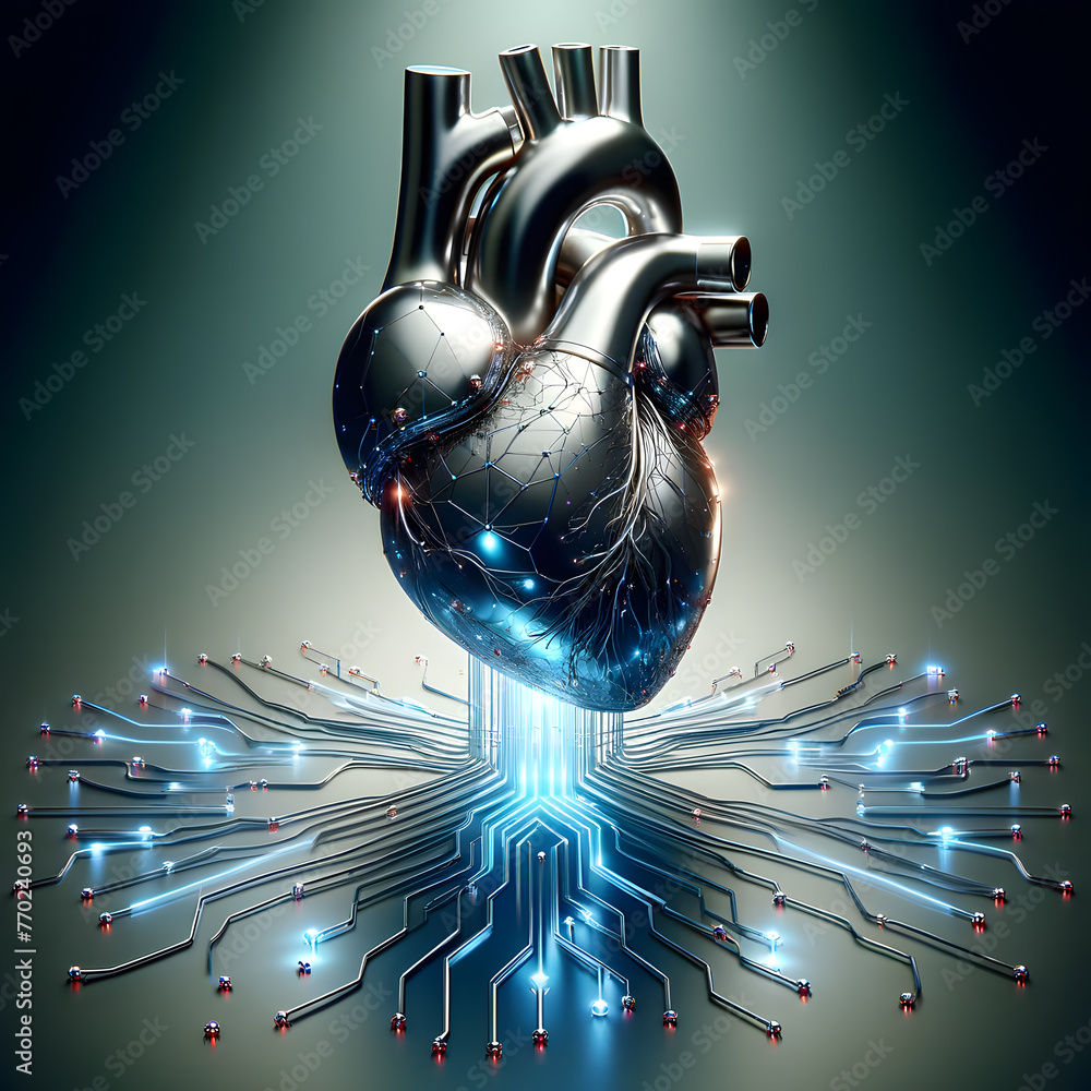 Poster stylized metallic heart with integrated circuits and glowing nodes on a tech background.