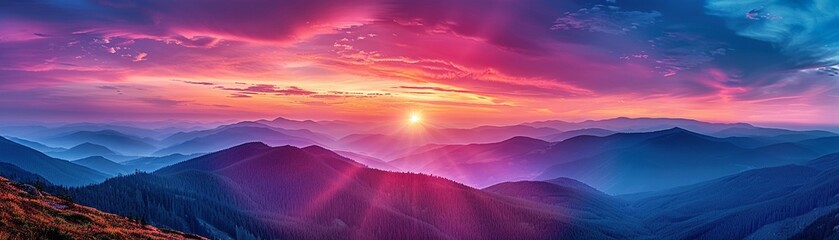 Photorealistic sunset view over a mountain range, vibrant colors, close nature shot ,digital photography,Prime Lenses - obrazy, fototapety, plakaty