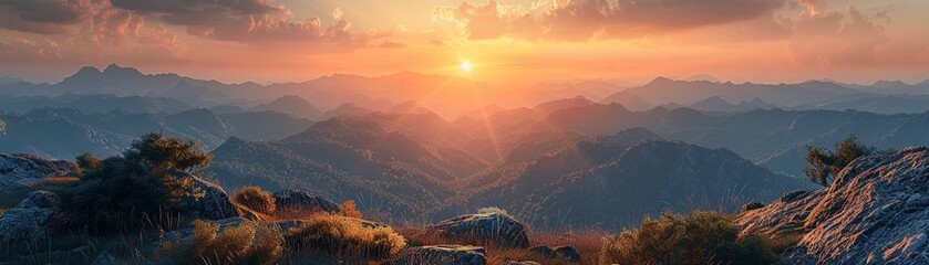 Photorealistic sunset view over a mountain range, vibrant colors, close nature shot ,digital photography,Prime Lenses - obrazy, fototapety, plakaty