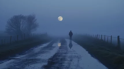 Fotobehang A person walking along a misty road chasing the everchanging reflection of the moon on the wet ground. . . © Justlight