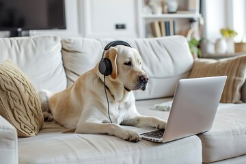 labrador wearing headphones looking at a laptop in a white modern living room 