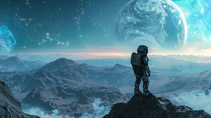 illustration of a lonely space marine soldier in an alien planet, standing on a mountain and looking into the universe