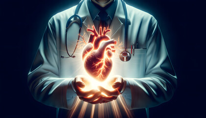 Doctor with stethoscope showing a holographic heart in an advanced medical facility.

