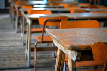 Vintage Style Empty High School Classroom with Desks and Chairs