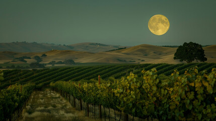 The moon full and bright illuminating the rolling hills of the vineyard in a soft ethereal glow. . . - obrazy, fototapety, plakaty