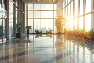 Interior of Modern Office Building. Beautiful office workplace with panoramic windows and soft light. Generative AI	