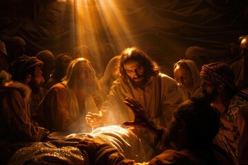 A compassionate Jesus healing the sick, surrounded by light and warmth