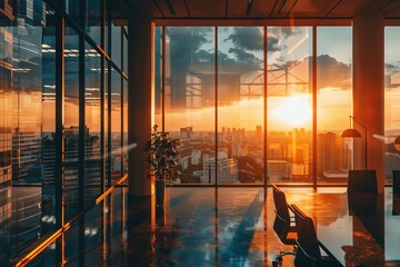 Interior of Modern Office Building. Beautiful office workplace with panoramic windows and soft light. Generative AI	