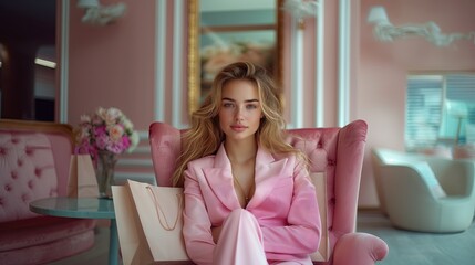 Young woman wearing a luxurious suit Sitting cross-legged on a chair Modern design with shopping bag 