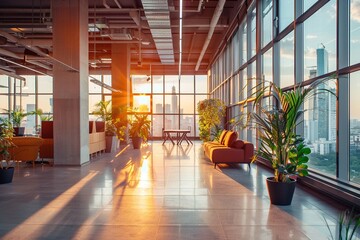 Interior of Modern Office Building. Beautiful office workplace with panoramic windows and soft light. Generative AI	