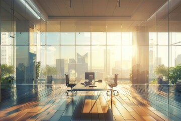 Interior of Modern Office Building. Beautiful office workplace with panoramic windows and soft light. Generative AI	