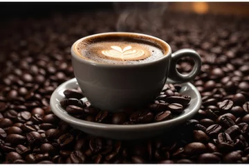 Foto op Plexiglas Cup of hot coffee on top of coffee beans © free