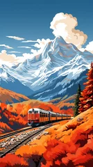Ingelijste posters realistic A train in beautiful mountains by an oil painting, in the style of realistic swiss style Generative AI © Tony